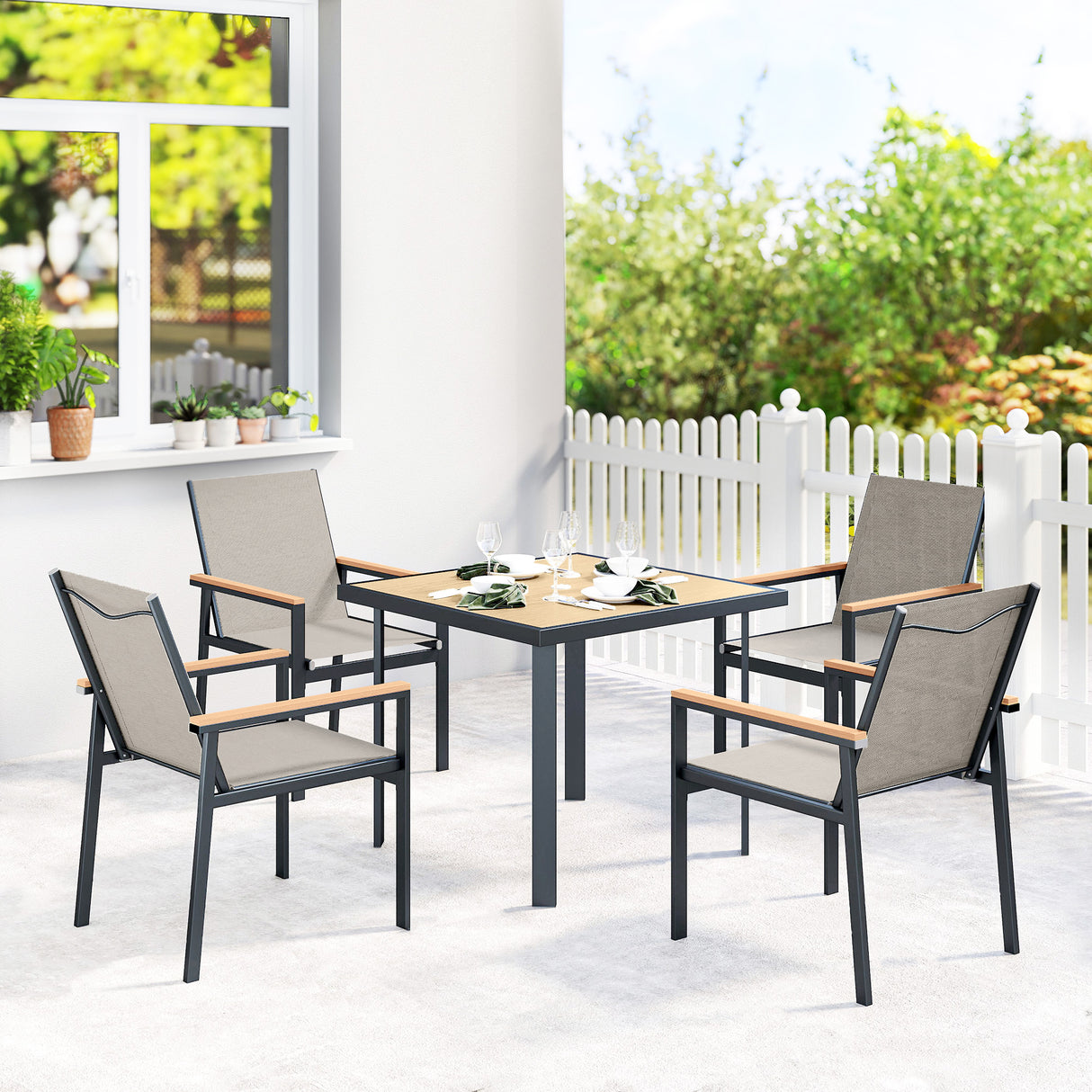Steel 5 Pieces Garden Dining Set With Glass Top Table And Parasol Hole - Velmora