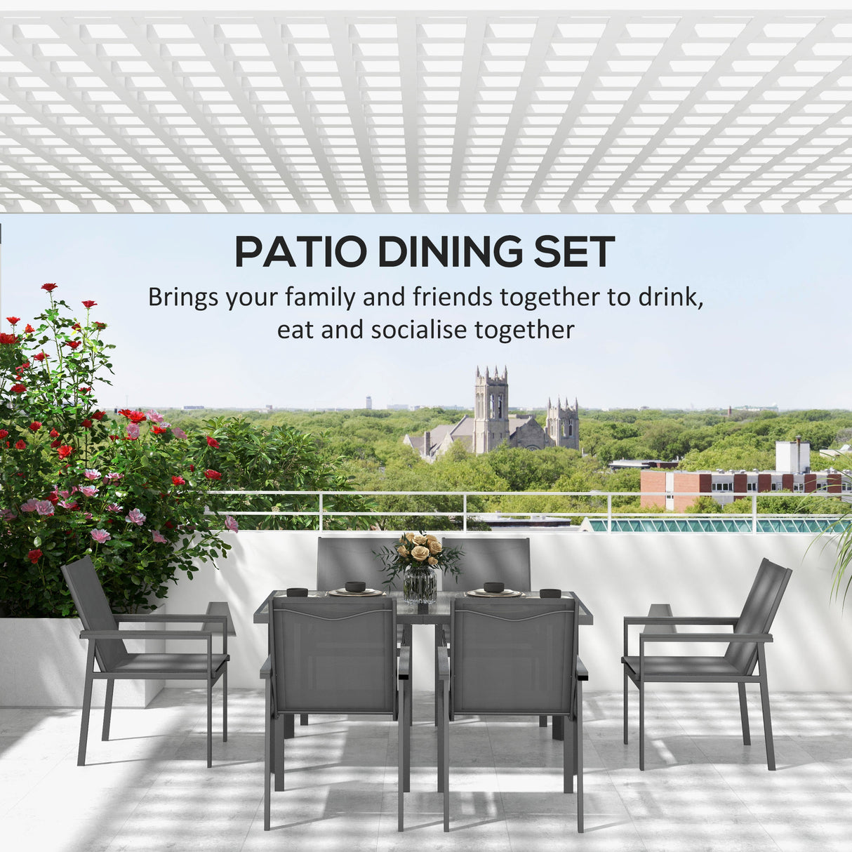 Steel 5 Pieces Garden Dining Set With Glass Top Table And Parasol Hole - Velmora