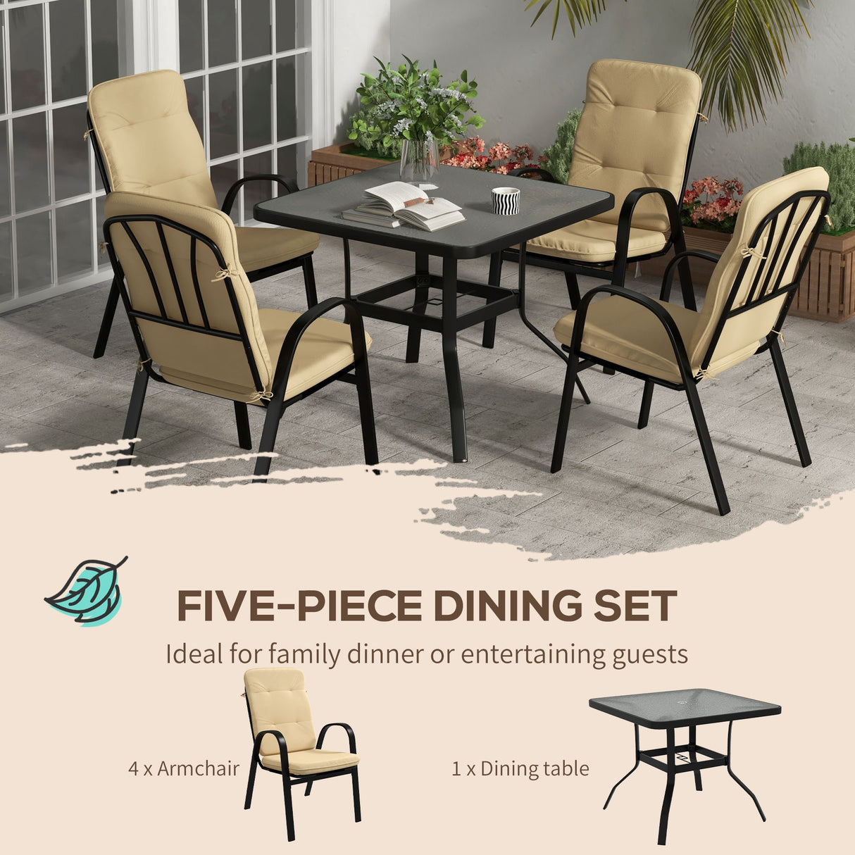 Steel 5 Pieces Garden Dining Set Square With 4 Cushioned Armchairs And Umbrella Hole - Velmora