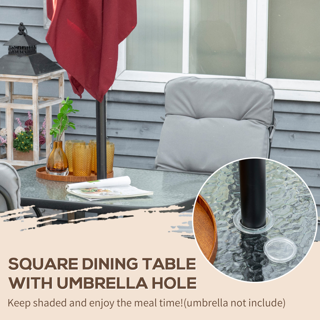Steel 5 Pieces Garden Dining Set Square With 4 Cushioned Armchairs And Umbrella Hole - Velmora