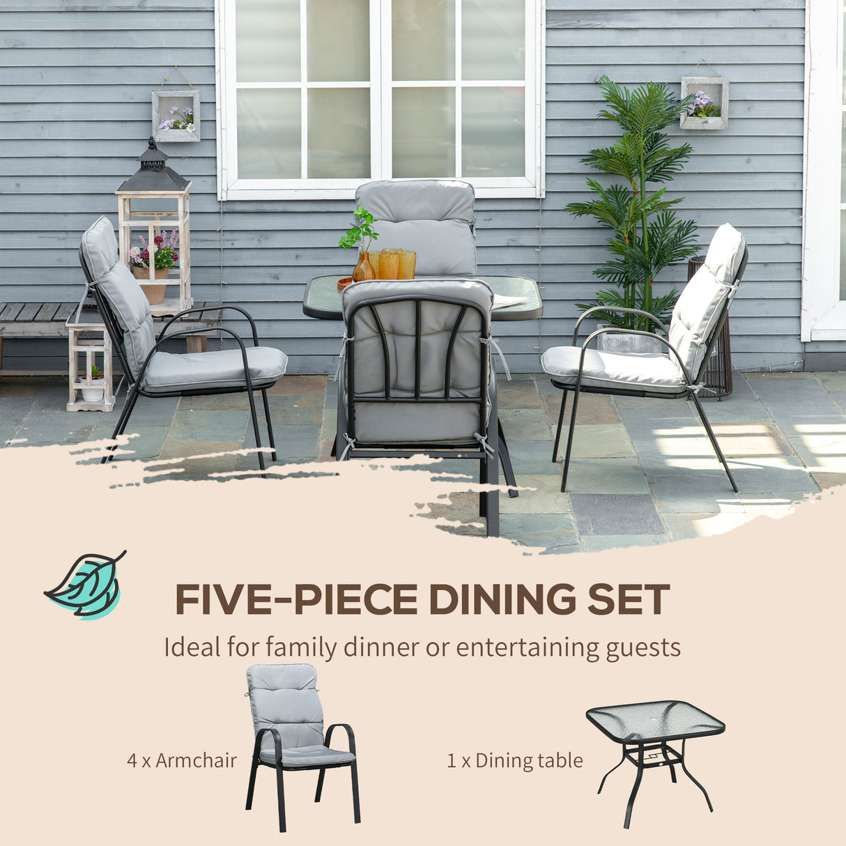 Steel 5 Pieces Garden Dining Set Square With 4 Cushioned Armchairs And Umbrella Hole - Velmora