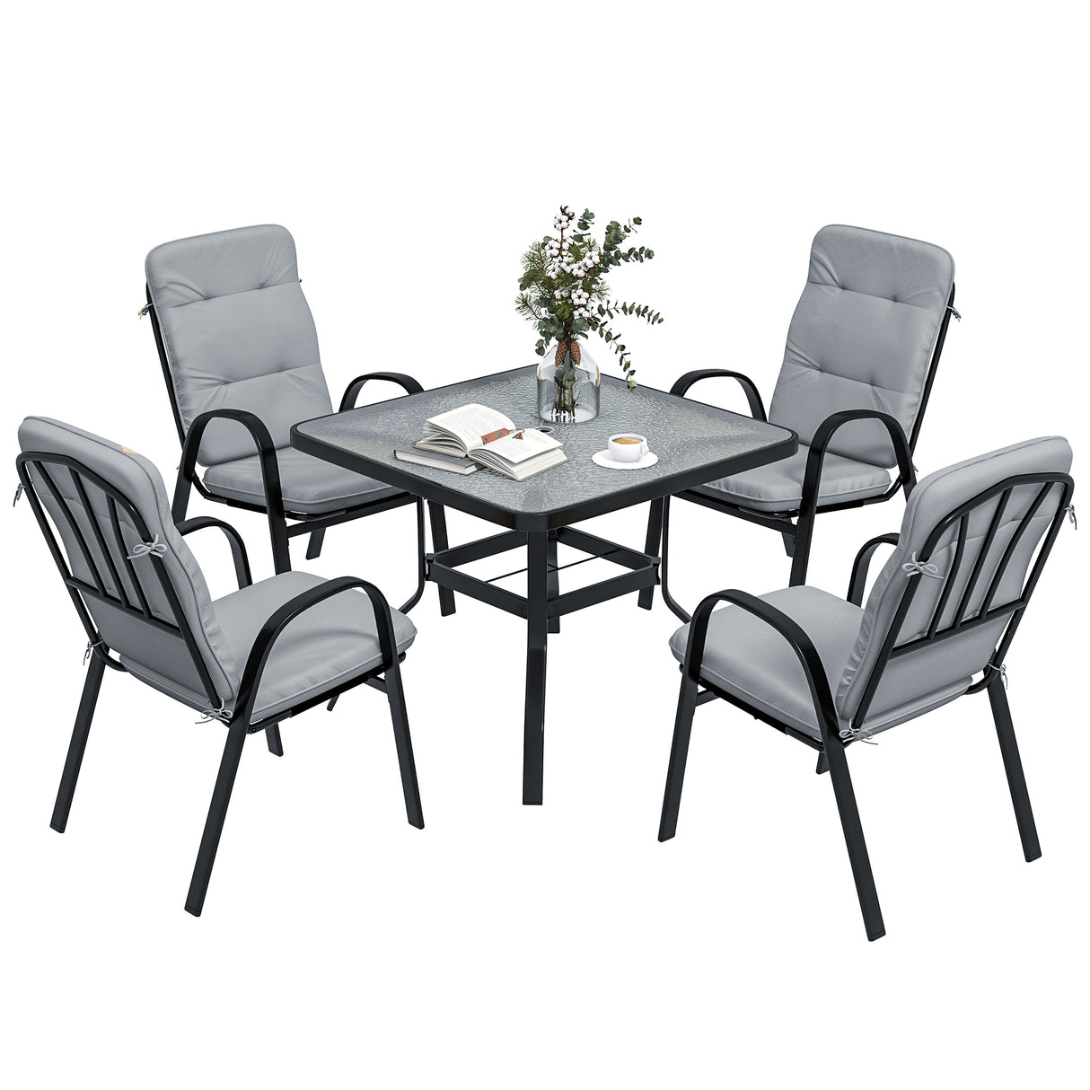 Steel 5 Pieces Garden Dining Set Square With 4 Cushioned Armchairs And Umbrella Hole - Velmora