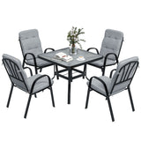 Steel 5 Pieces Garden Dining Set Square With 4 Cushioned Armchairs And Umbrella Hole - Velmora
