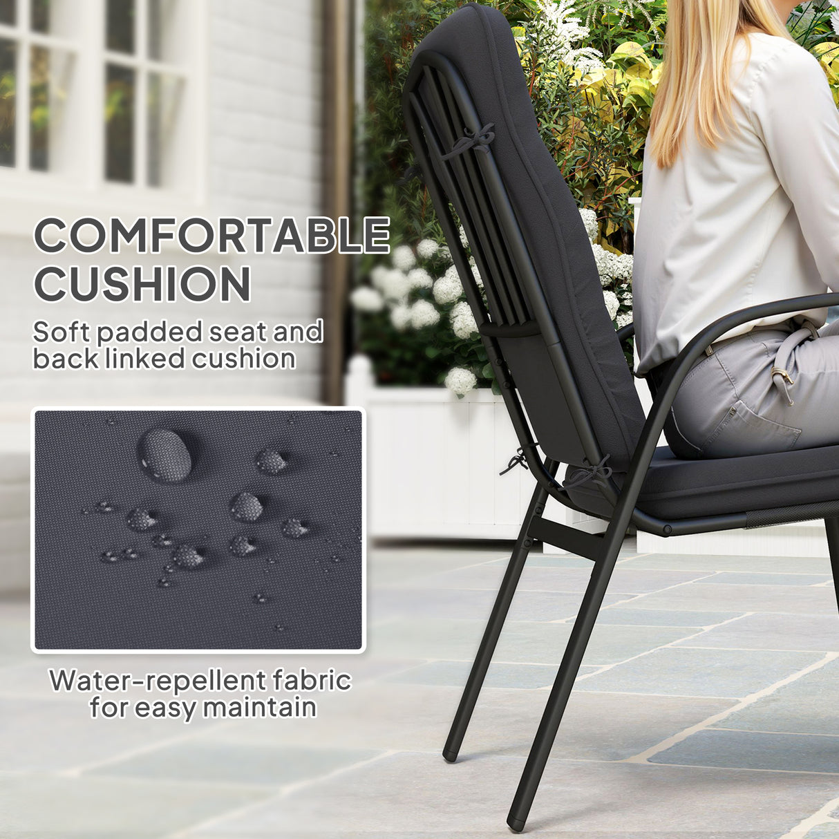 Steel 5 Pieces Garden Dining Set Square With 4 Cushioned Armchairs And Umbrella Hole - Velmora