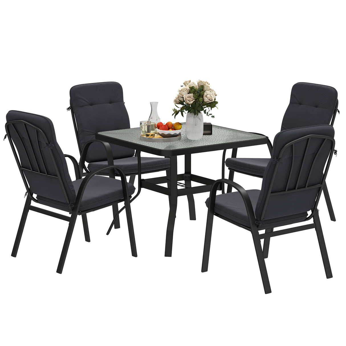 Steel 5 Pieces Garden Dining Set Square With 4 Cushioned Armchairs And Umbrella Hole - Velmora