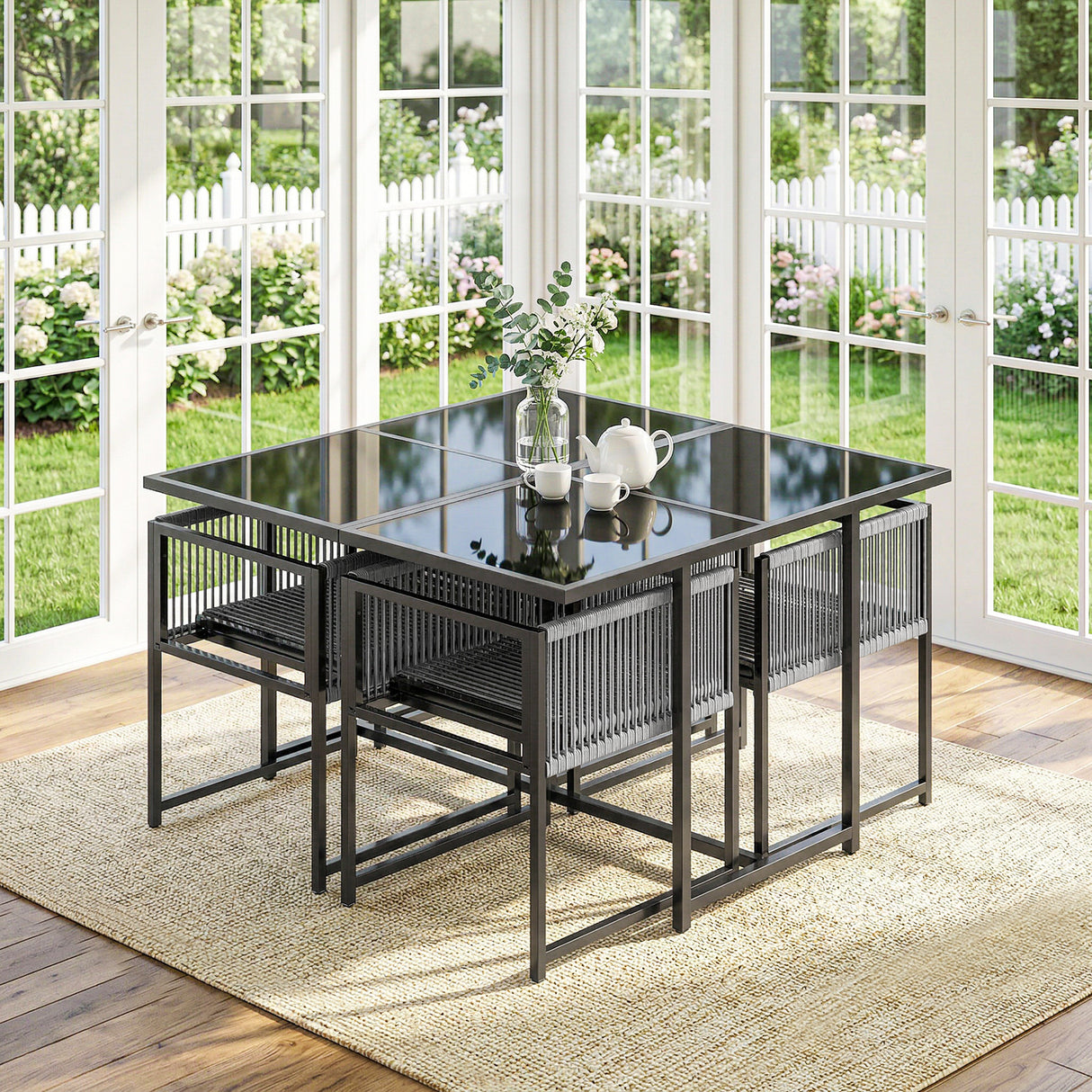 Steel 5 Pieces Garden Dining Set With Square Glass Top Table - Velmora