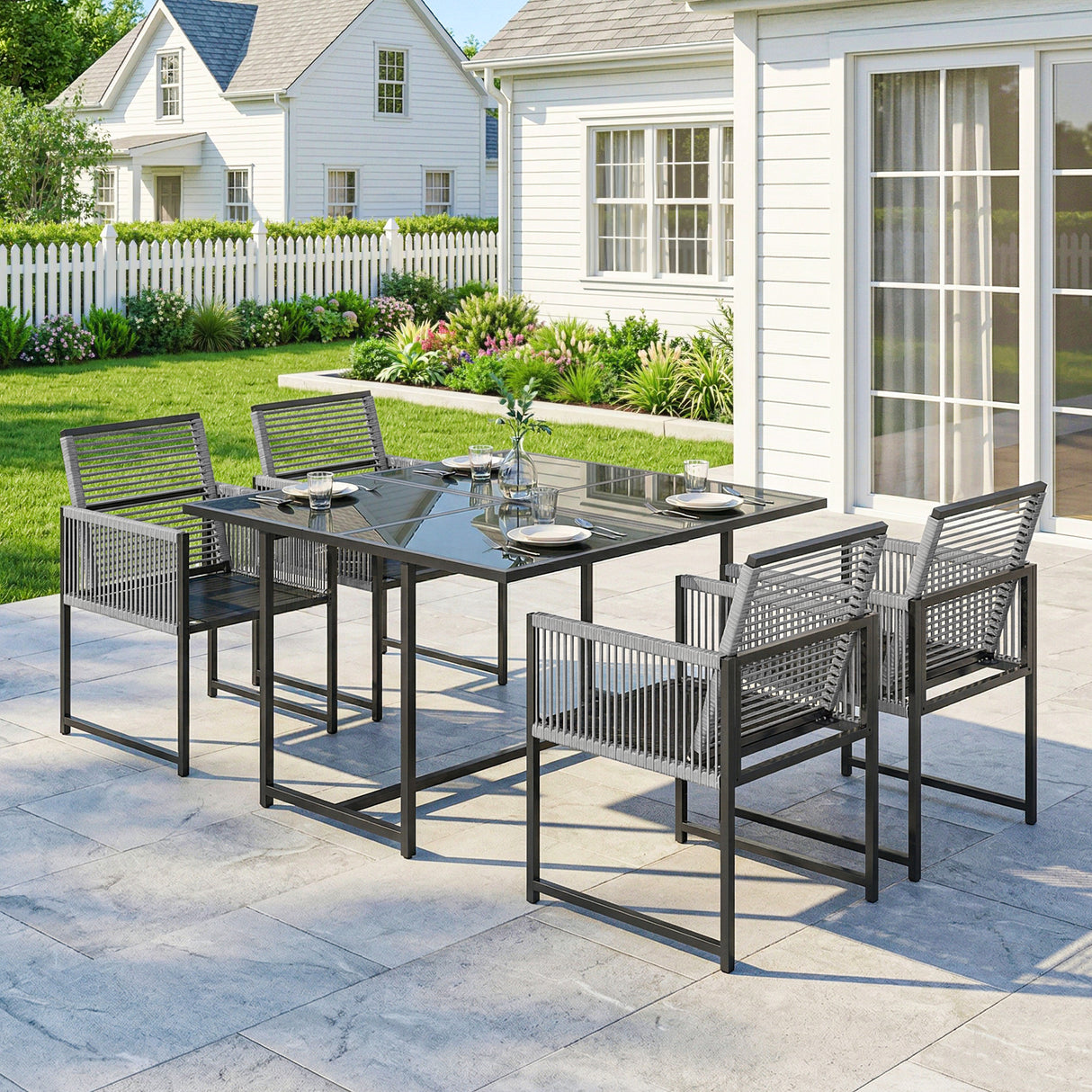 Steel 5 Pieces Garden Dining Set With Square Glass Top Table - Velmora