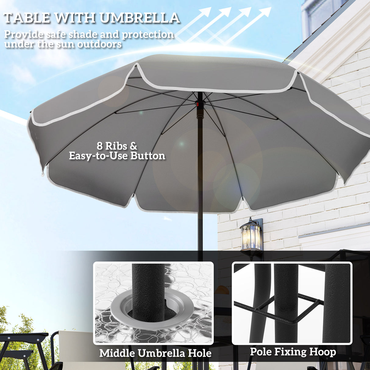 Steel 5 Pieces Patio Garden Dining Set With Glass Top Table And Parasol - Velmora