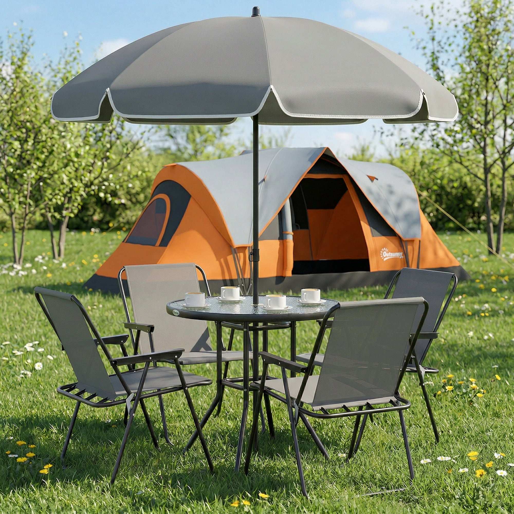 Steel 5 Pieces Patio Garden Dining Set With Glass Top Table And Parasol - Velmora