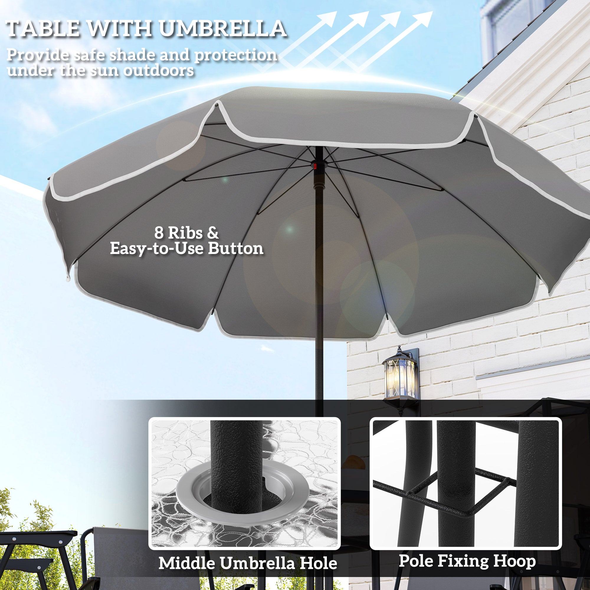 Steel 5 Pieces Patio Garden Dining Set With Glass Top Table And Parasol - Velmora