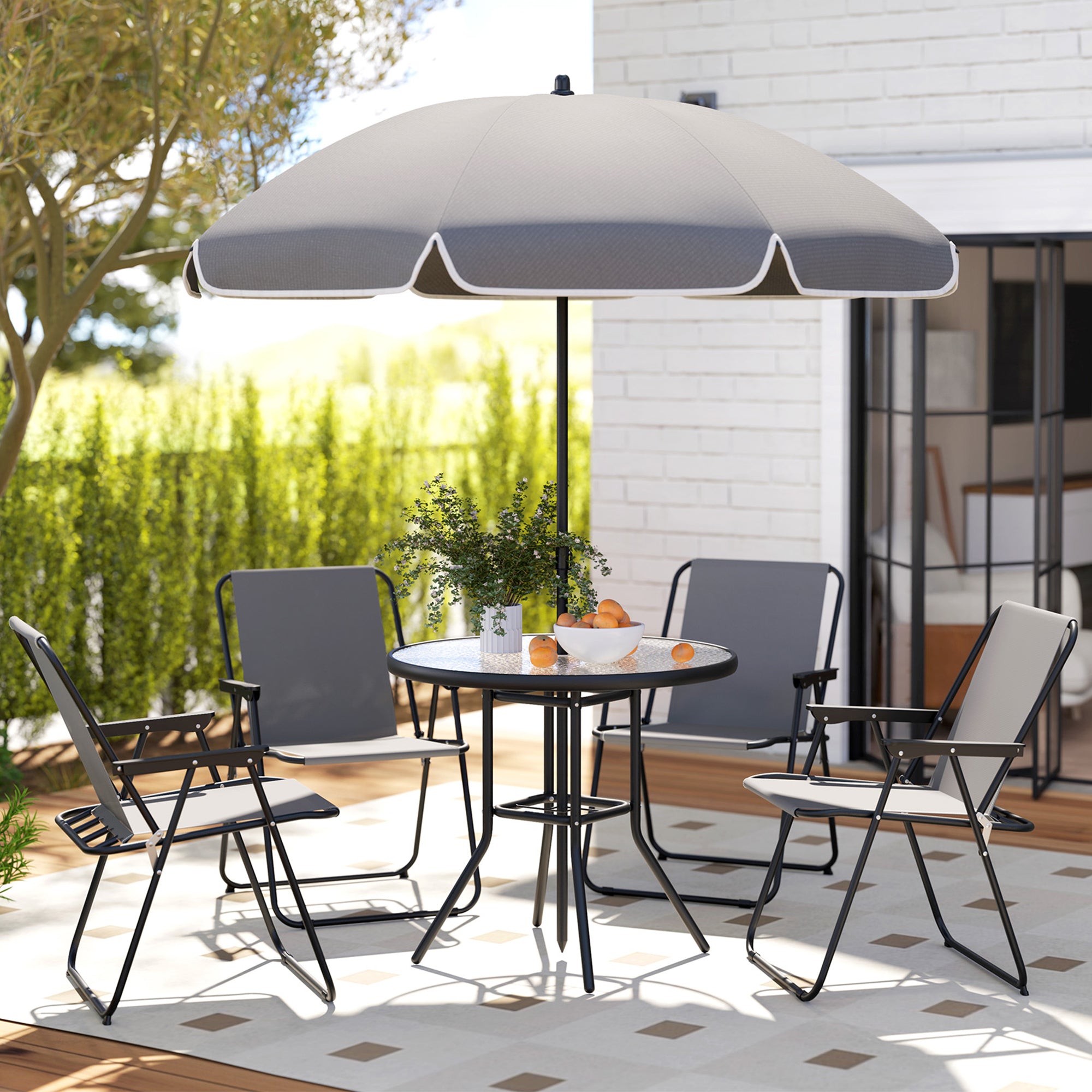 Steel 5 Pieces Patio Garden Dining Set With Glass Top Table And Parasol - Velmora