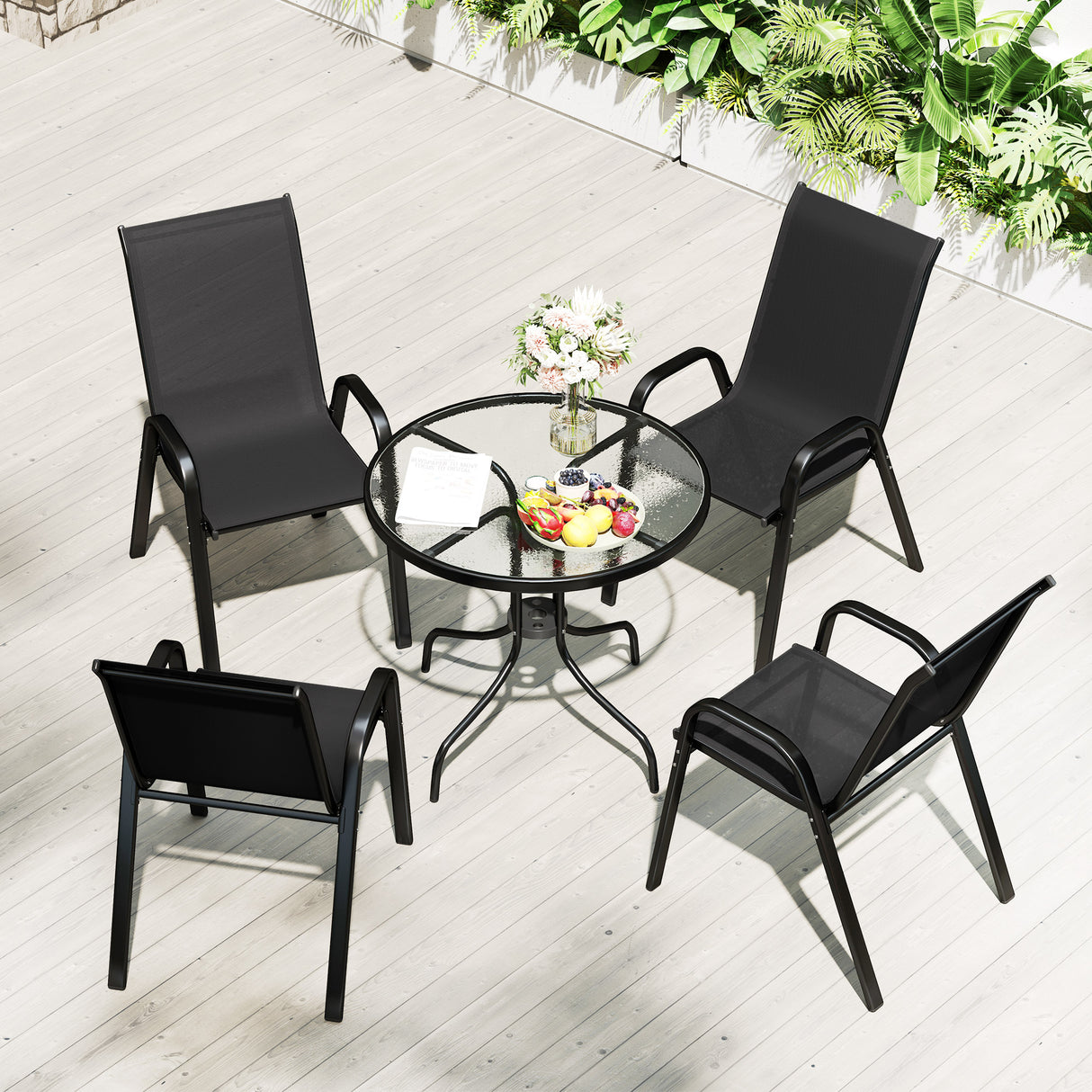 Steel 5 Pieces Patio Garden Dining Set With Glass Top Table - Velmora