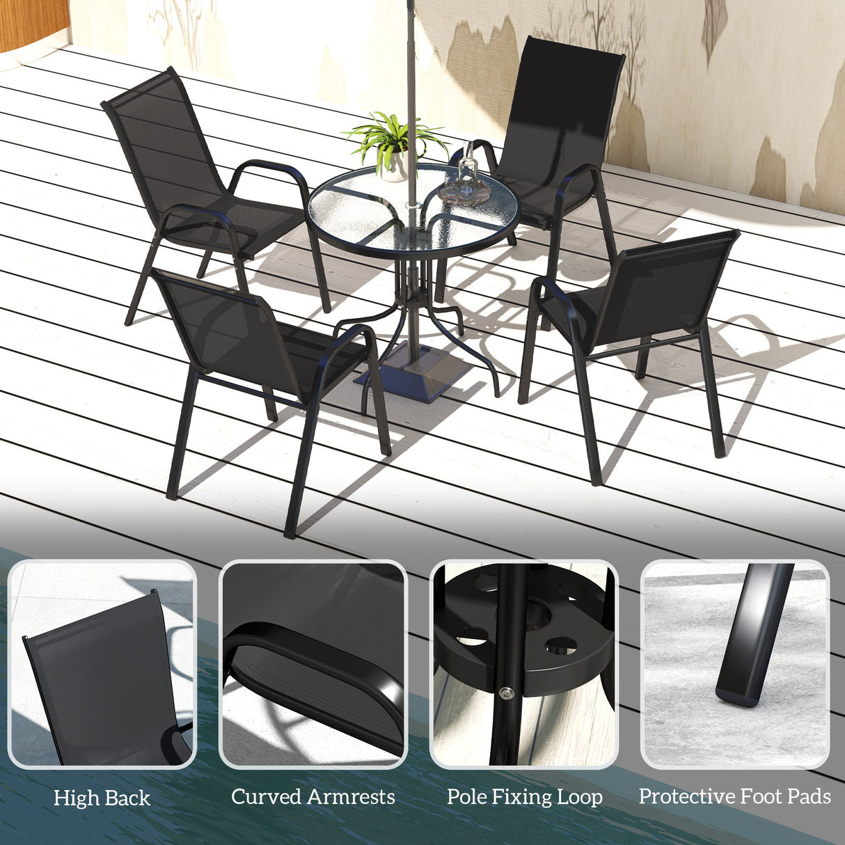 Steel 5 Pieces Patio Garden Dining Set With Glass Top Table - Velmora