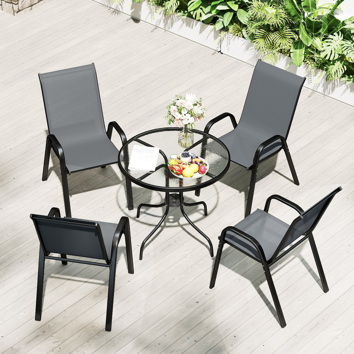 Steel 5 Pieces Patio Garden Dining Set With Glass Top Table - Velmora