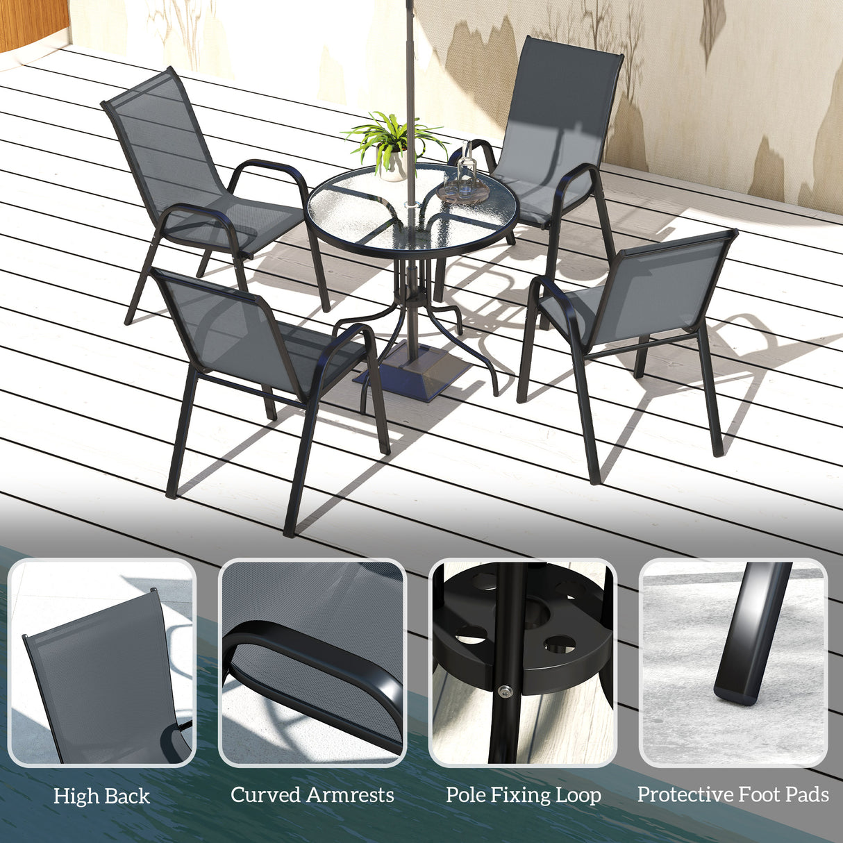 Steel 5 Pieces Patio Garden Dining Set With Glass Top Table - Velmora