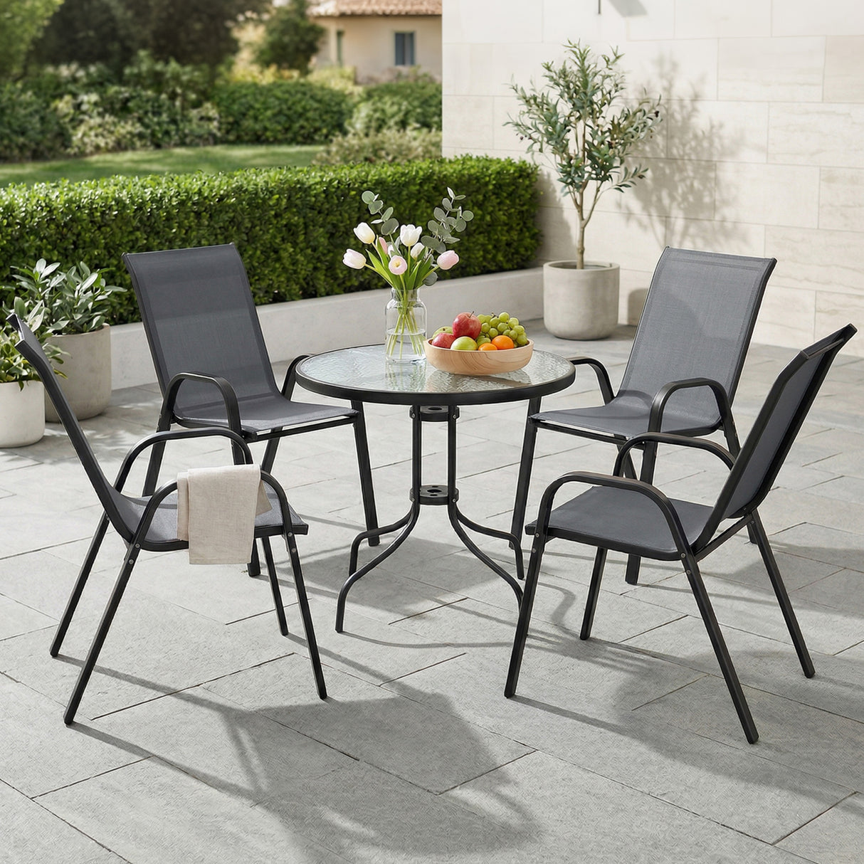 Steel 5 Pieces Patio Garden Dining Set With Glass Top Table - Velmora