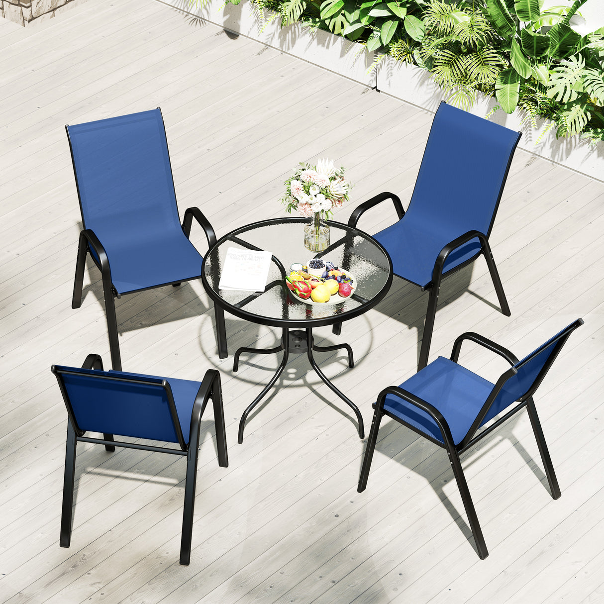 Steel 5 Pieces Patio Garden Dining Set With Glass Top Table - Velmora