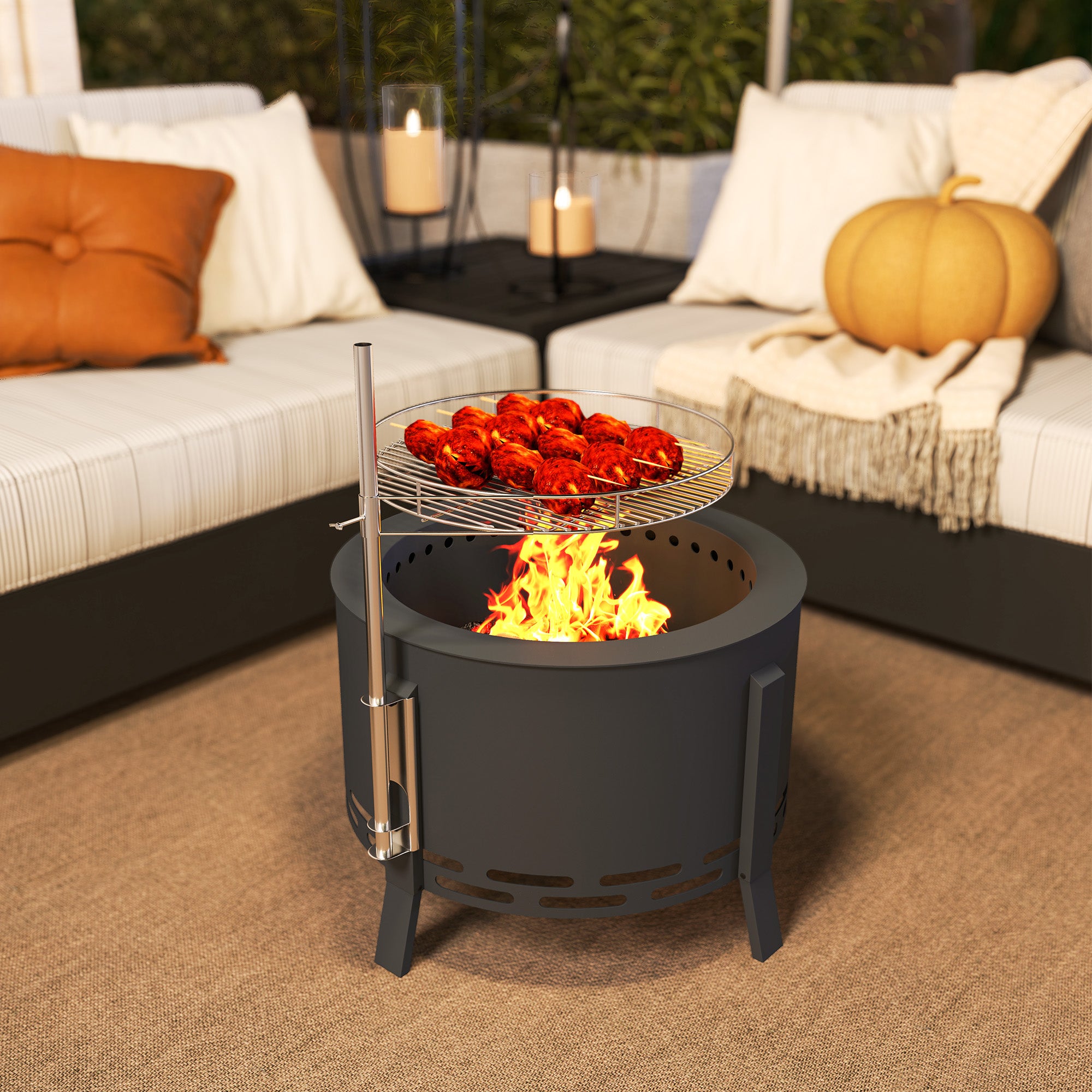 Steel 58 cm Round Portable Fire Pit With Grill Grate And Ash Catcher - Velmora