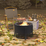 Steel 58 cm Round Portable Fire Pit With Grill Grate And Ash Catcher - Velmora