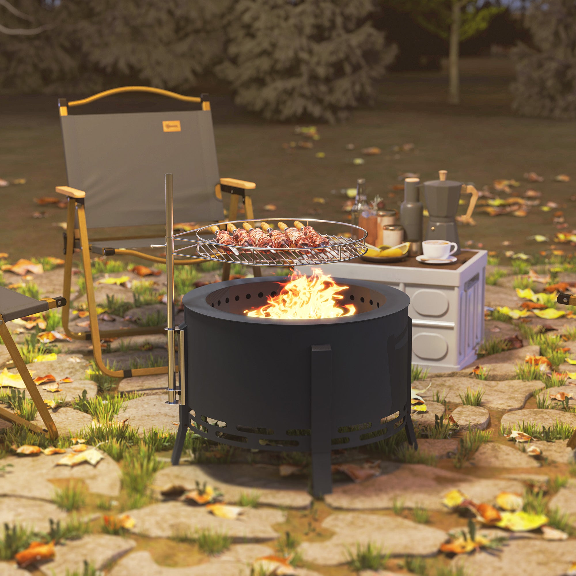 Steel 58 cm Round Portable Fire Pit With Grill Grate And Ash Catcher - Velmora