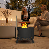 Steel 58 cm Round Portable Fire Pit With Grill Grate And Ash Catcher - Velmora