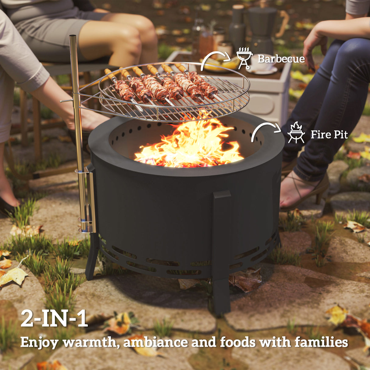 Steel 58 cm Round Portable Fire Pit With Grill Grate And Ash Catcher - Velmora