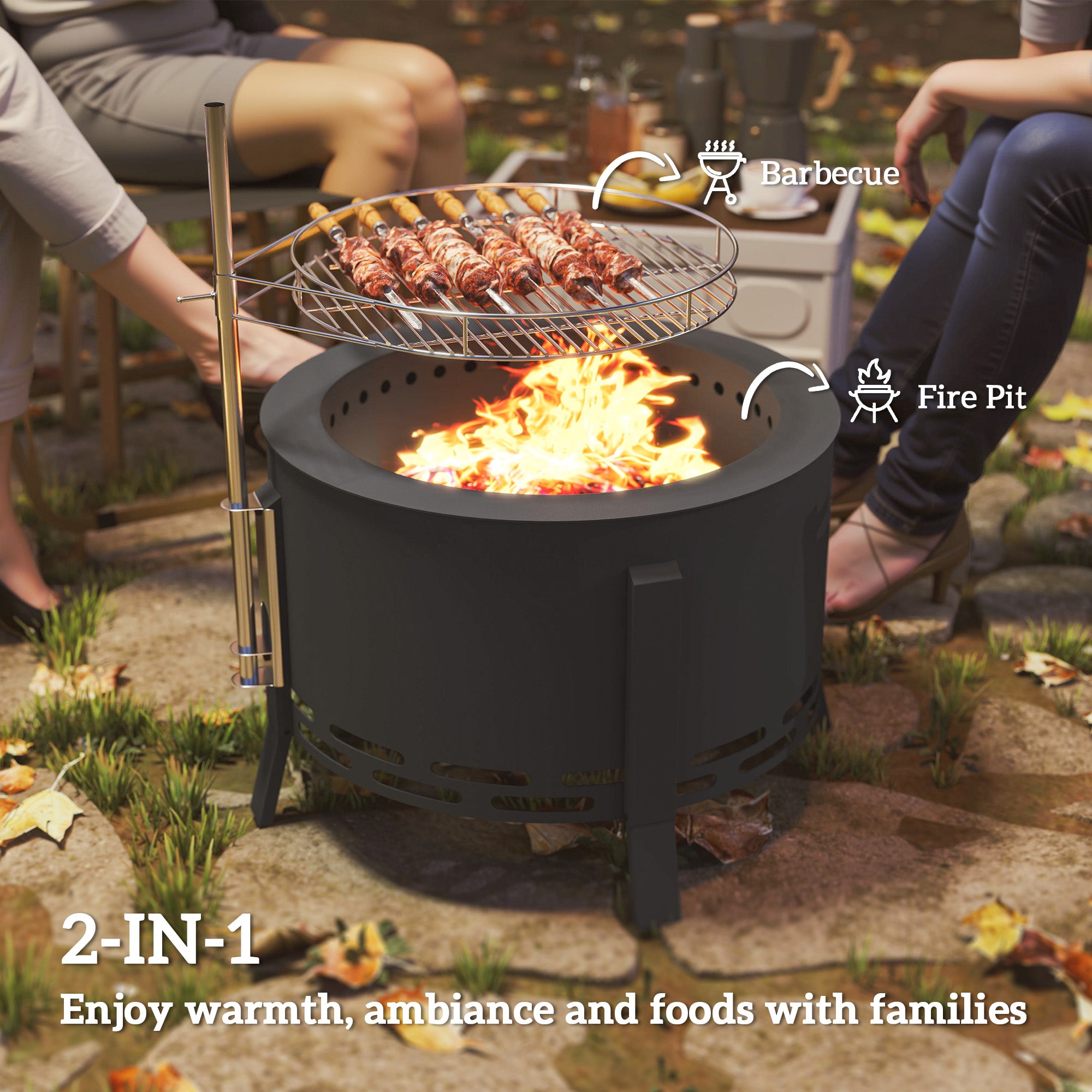 Steel 58 cm Round Portable Fire Pit With Grill Grate And Ash Catcher - Velmora