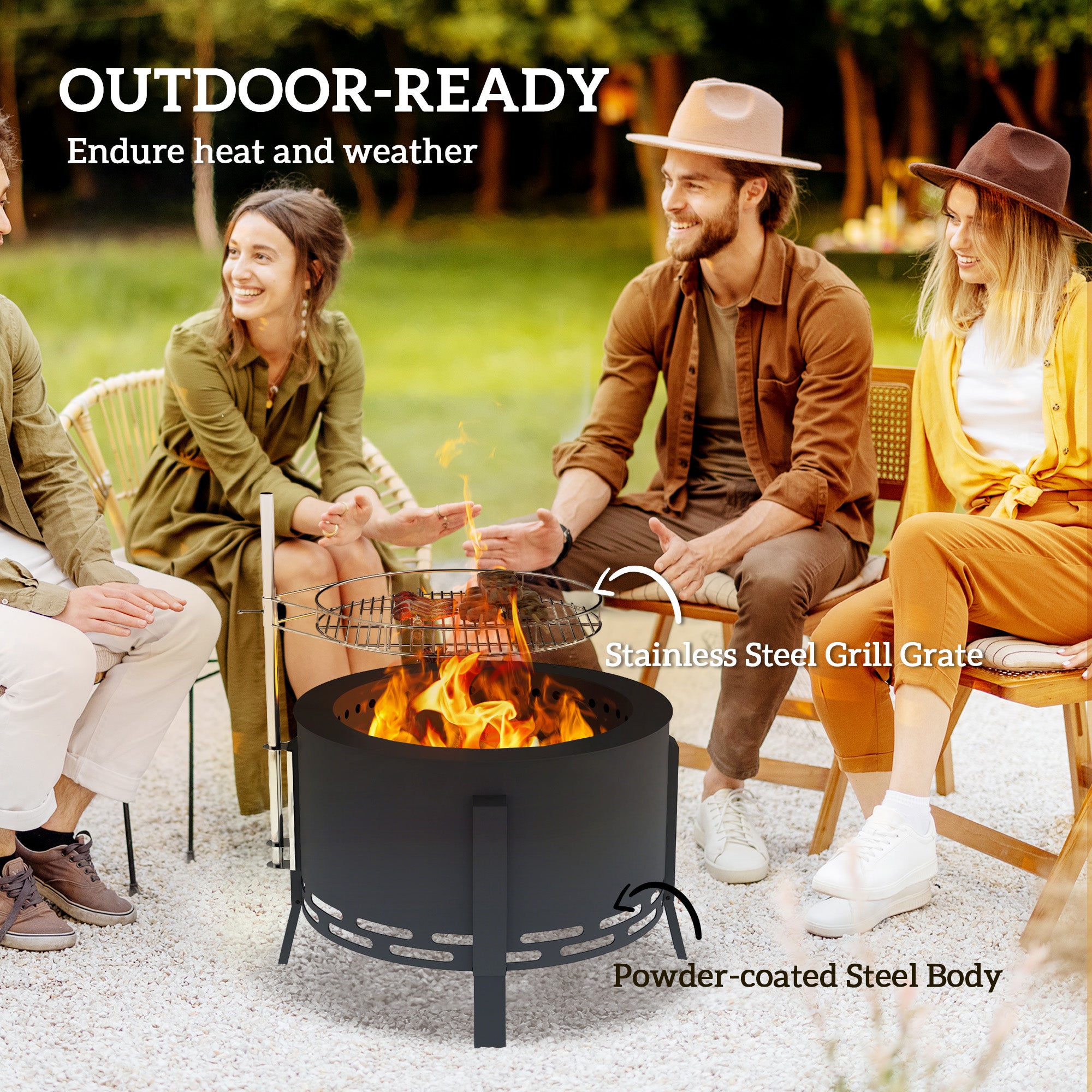 Steel 58 cm Round Portable Fire Pit With Grill Grate And Ash Catcher - Velmora