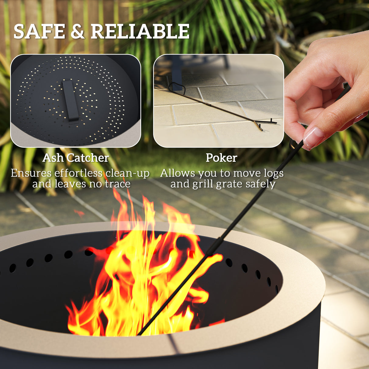 Steel 58 cm Round Portable Fire Pit With Grill Grate And Ash Catcher - Velmora