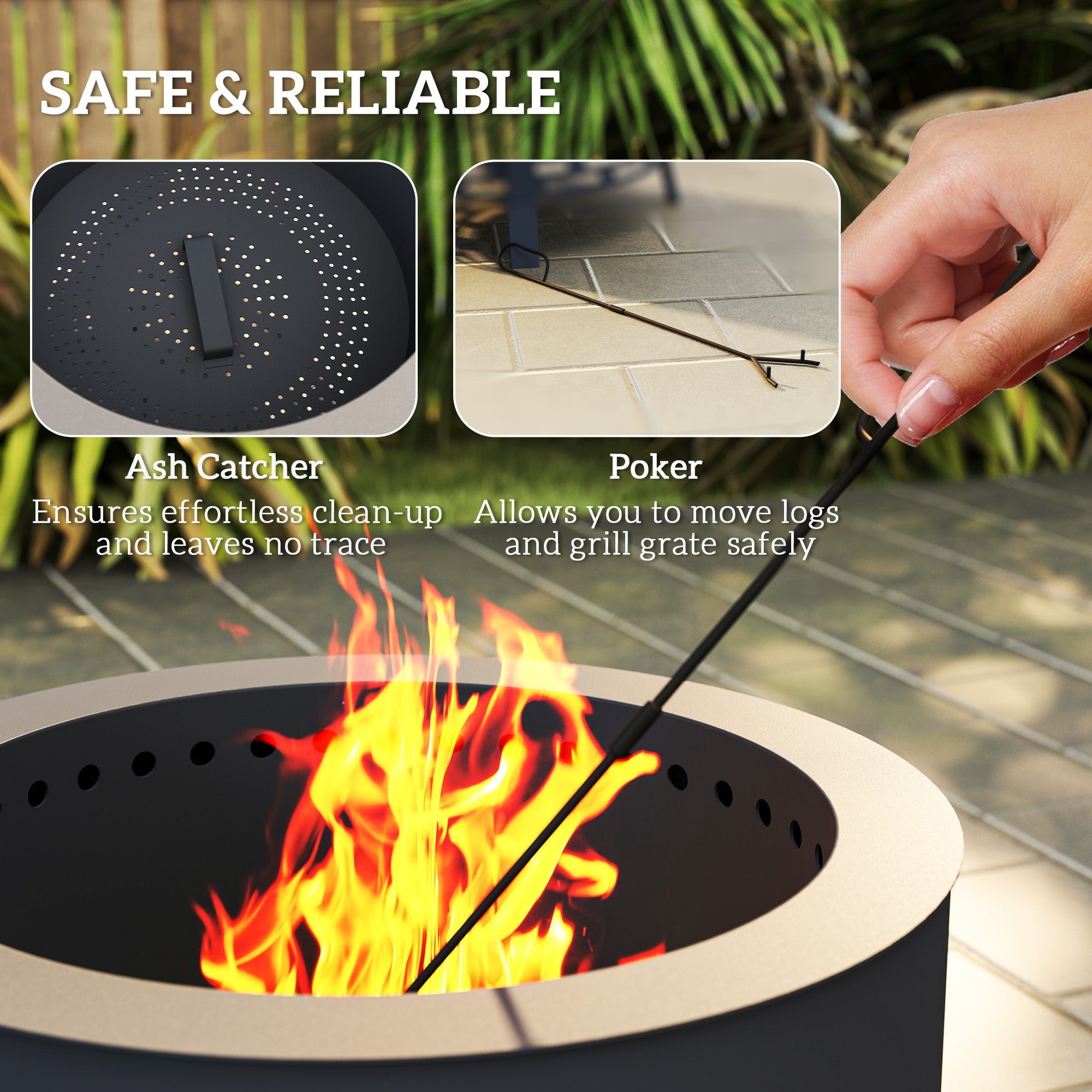 Steel 58 cm Round Portable Fire Pit With Grill Grate And Ash Catcher - Velmora