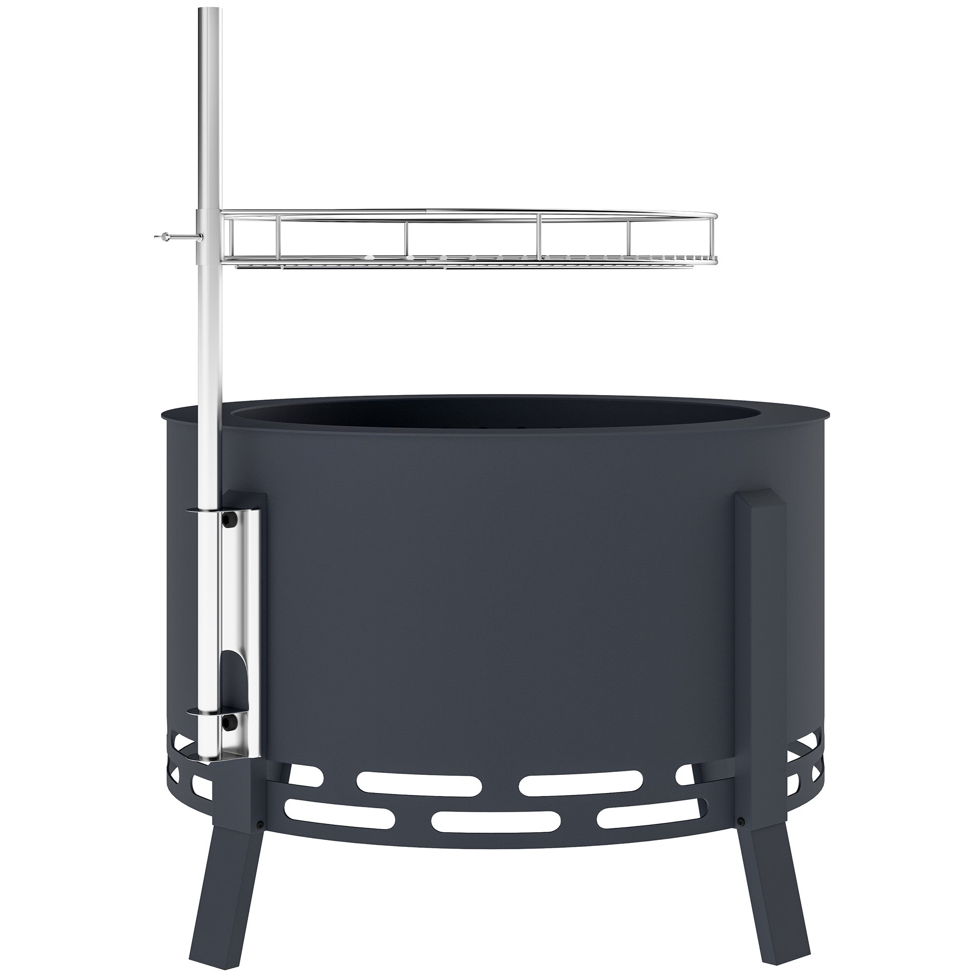 Steel 58 cm Round Portable Fire Pit With Grill Grate And Ash Catcher - Velmora
