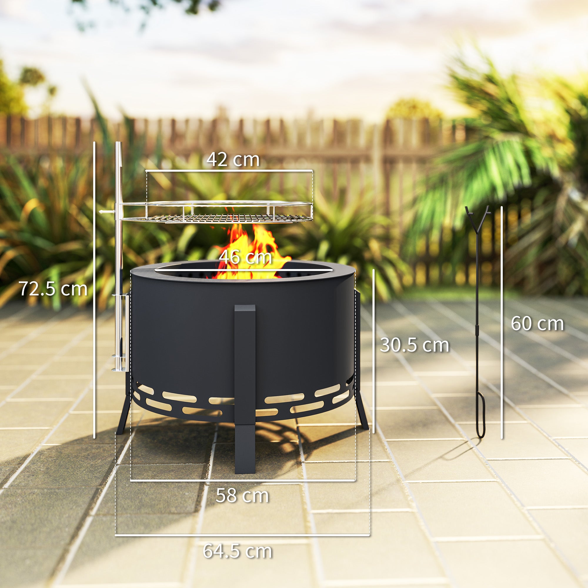 Steel 58 cm Round Portable Fire Pit With Grill Grate And Ash Catcher - Velmora