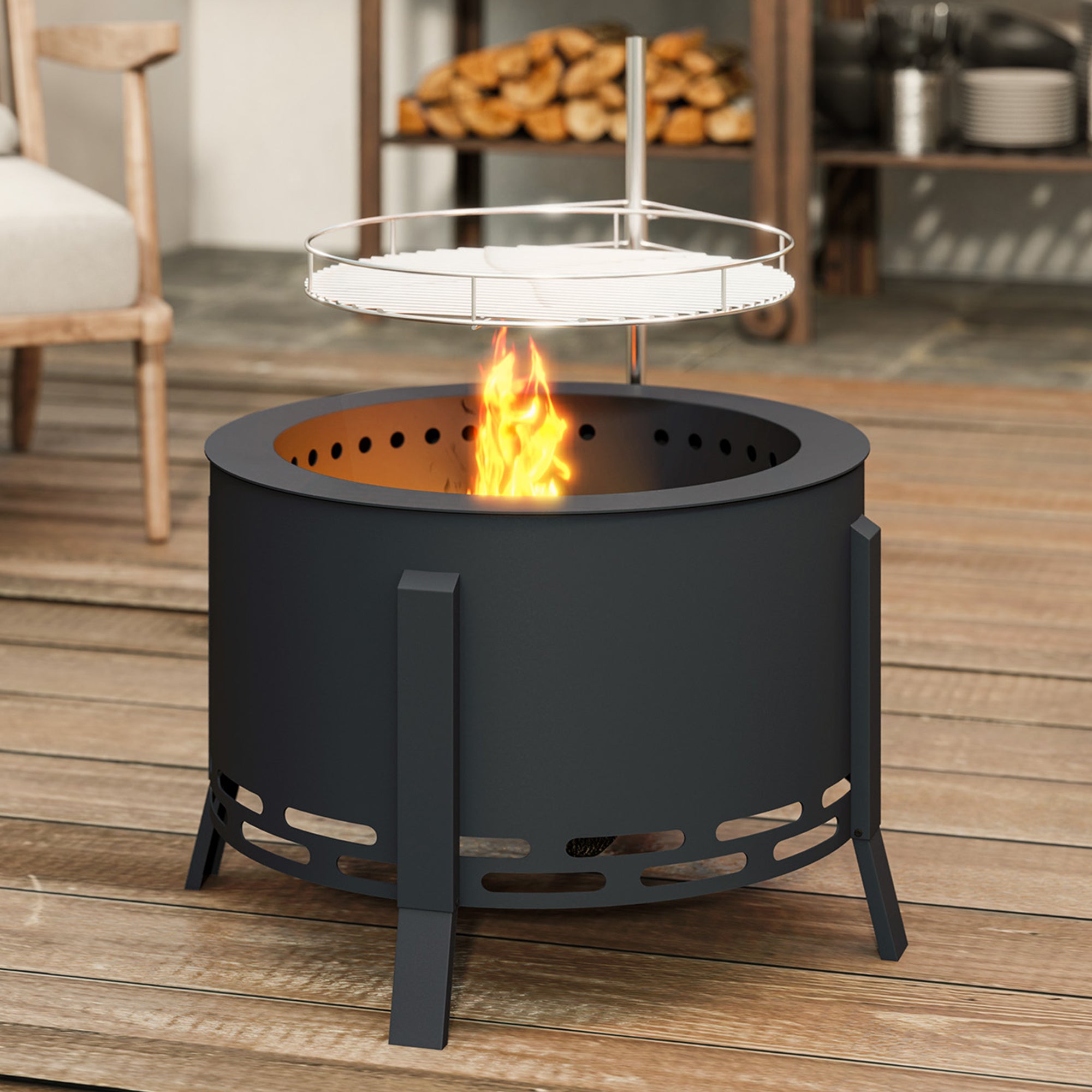 Steel 58 cm Round Portable Fire Pit With Grill Grate And Ash Catcher - Velmora