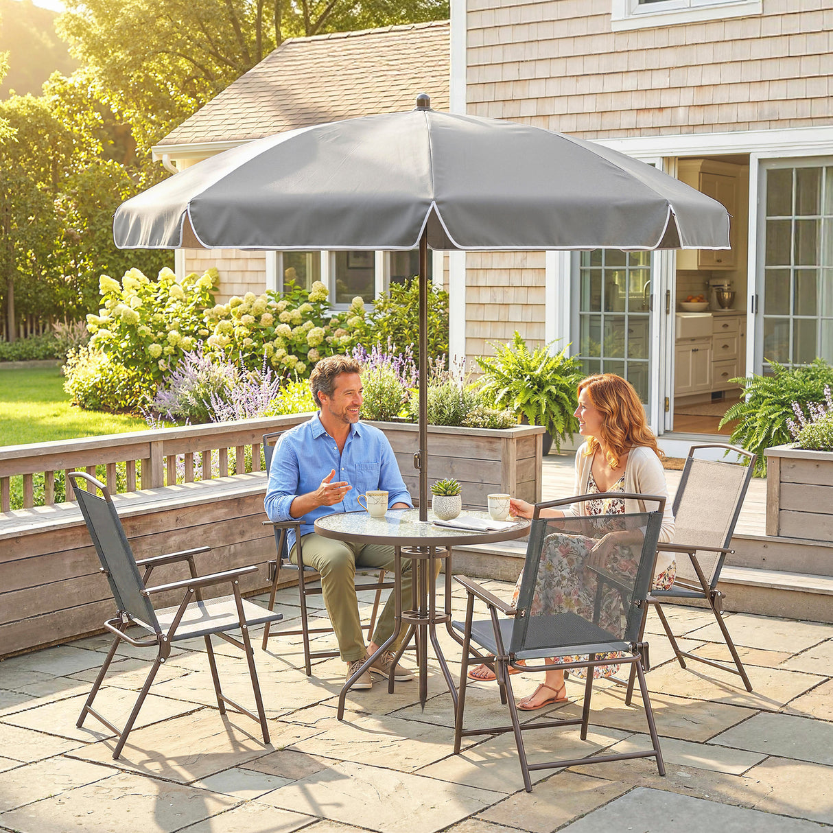 Steel 6 Pieces Patio Garden Dining Set With Folding Chairs And Parasol - Velmora