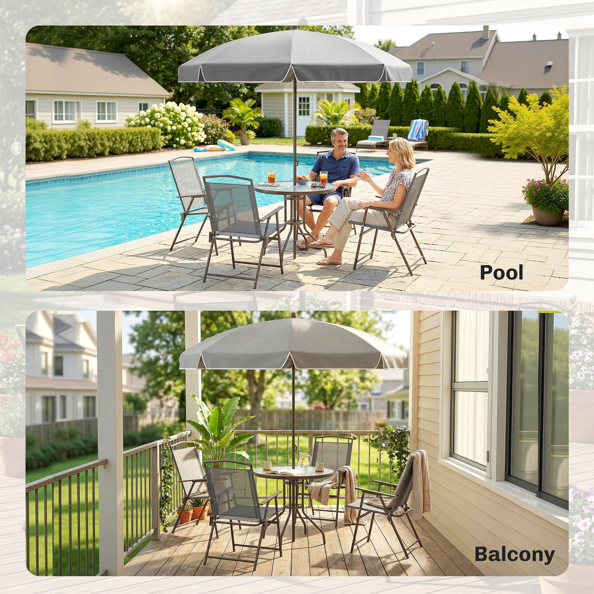 Steel 6 Pieces Patio Garden Dining Set With Folding Chairs And Parasol - Velmora