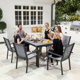 Steel 6 Seater Garden Dining Set With 150cm Wide Plastic Wood Effect Top Table - Velmora