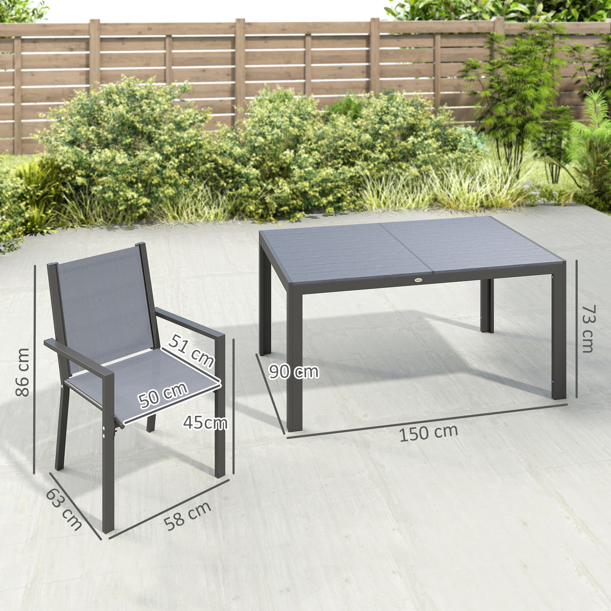 Steel 6 Seater Garden Dining Set With 150cm Wide Plastic Wood Effect Top Table - Velmora
