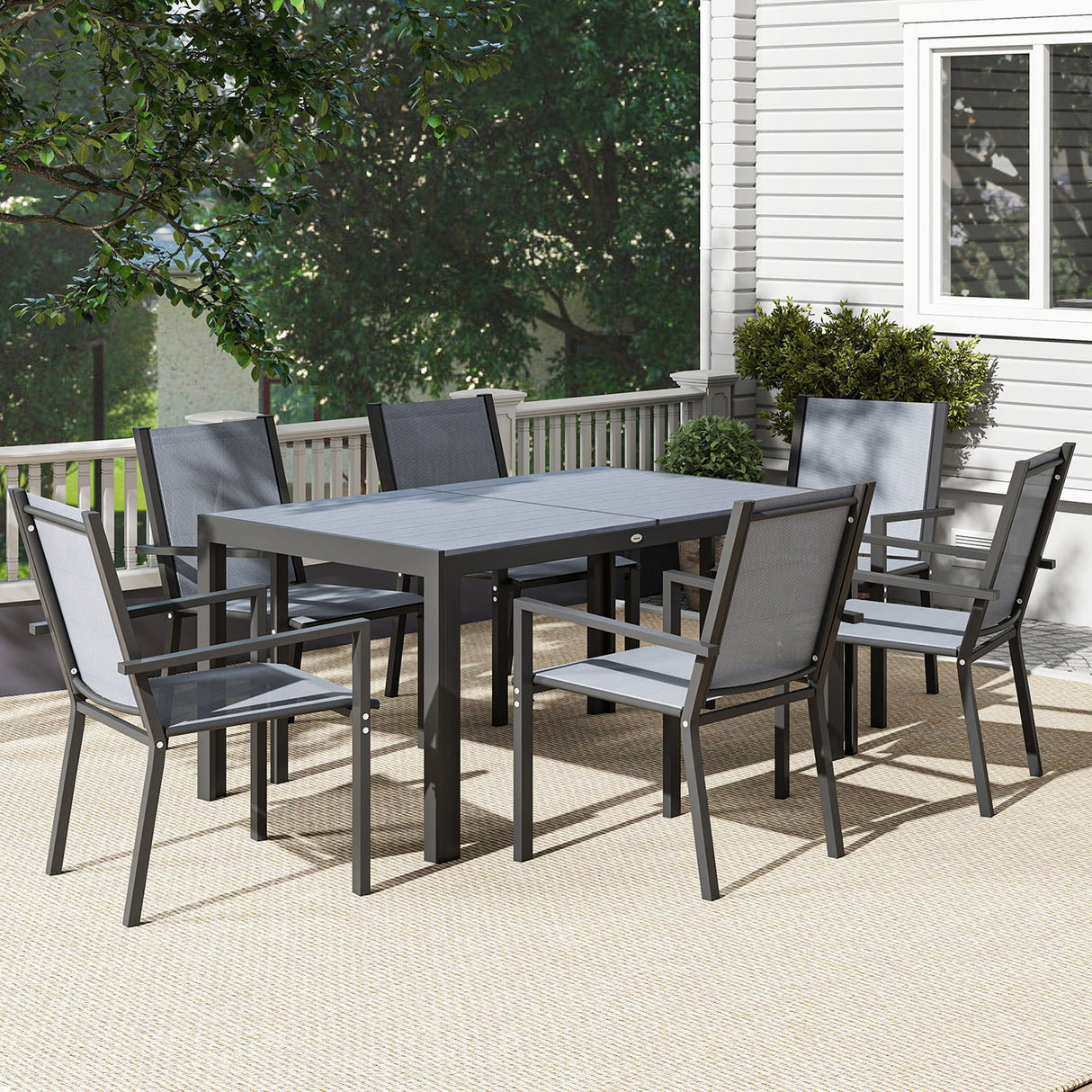 Steel 6 Seater Garden Dining Set With 150cm Wide Plastic Wood Effect Top Table - Velmora