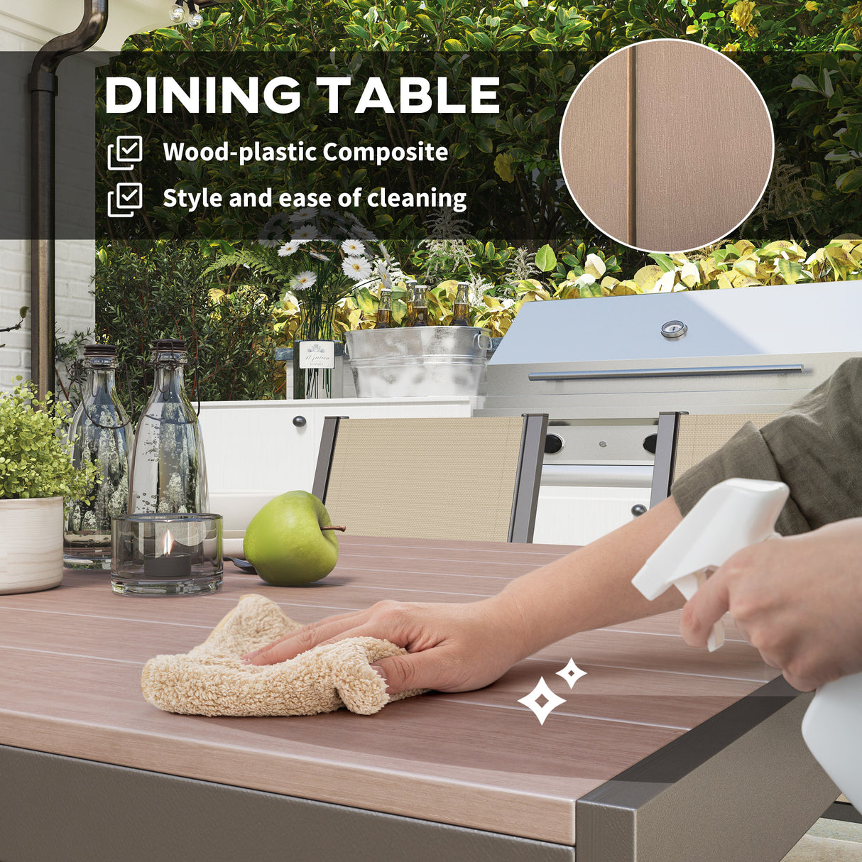 Steel 6 Seater Garden Dining Set With 150cm Wide Plastic Wood Effect Top Table - Velmora