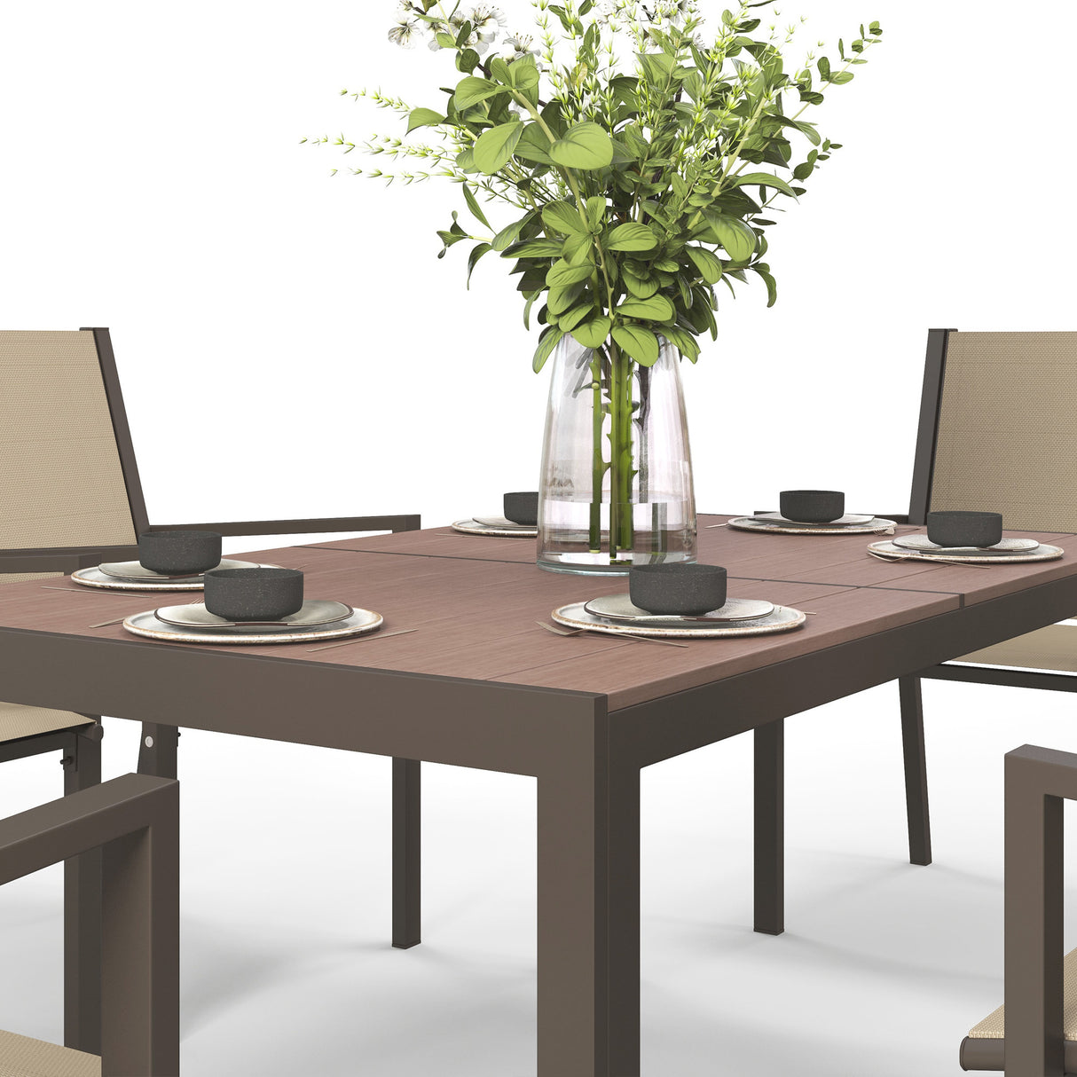 Steel 6 Seater Garden Dining Set With 150cm Wide Plastic Wood Effect Top Table - Velmora