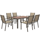 Steel 6 Seater Garden Dining Set With 150cm Wide Plastic Wood Effect Top Table - Velmora