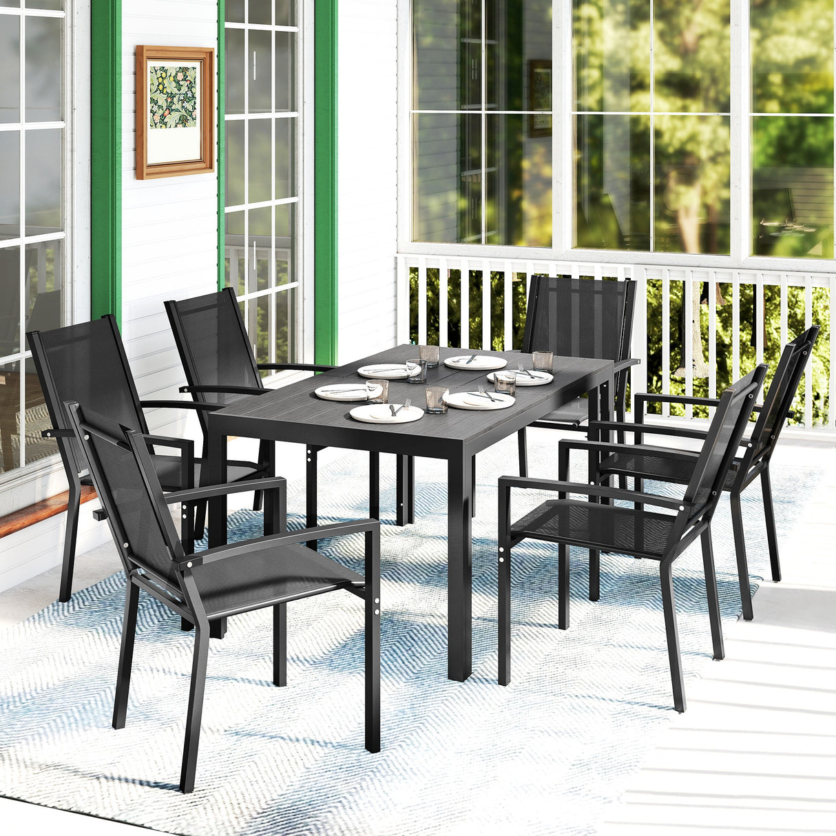 Steel 6 Seater Garden Dining Set With 150cm Wide Plastic Wood Effect Top Table - Velmora