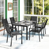 Steel 6 Seater Garden Dining Set With 150cm Wide Plastic Wood Effect Top Table - Velmora