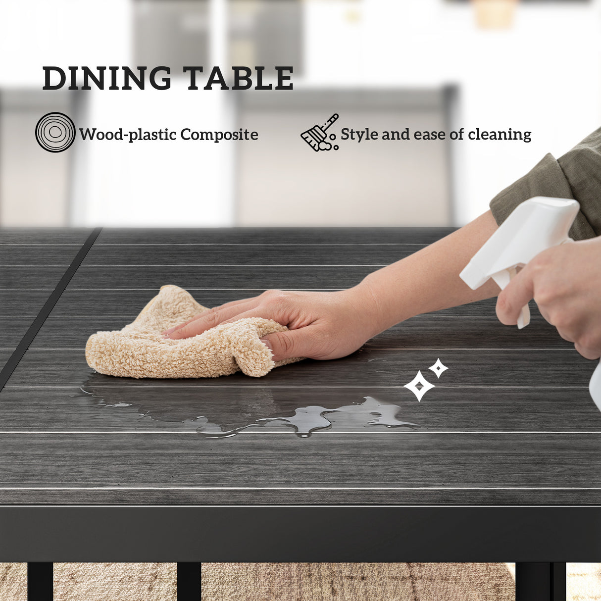 Steel 6 Seater Garden Dining Set With 150cm Wide Plastic Wood Effect Top Table - Velmora