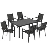 Steel 6 Seater Garden Dining Set With 150cm Wide Plastic Wood Effect Top Table - Velmora