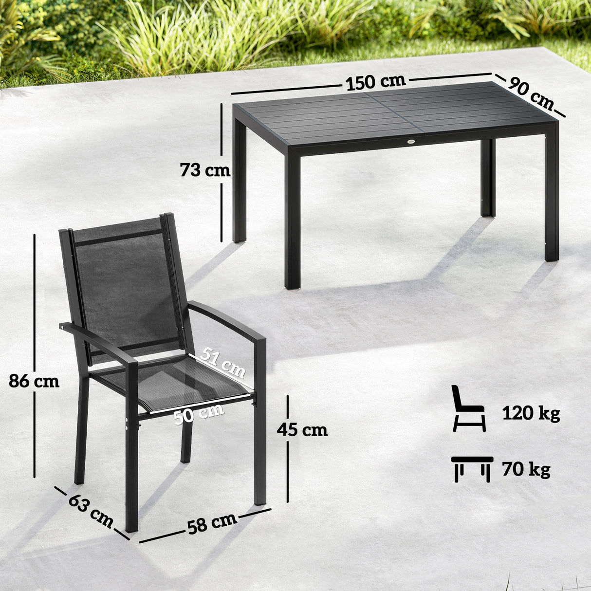 Steel 6 Seater Garden Dining Set With 150cm Wide Plastic Wood Effect Top Table - Velmora