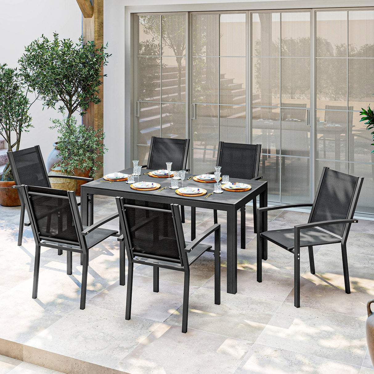 Steel 6 Seater Garden Dining Set With 150cm Wide Plastic Wood Effect Top Table - Velmora