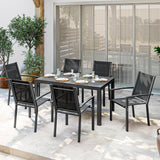 Steel 6 Seater Garden Dining Set With 150cm Wide Plastic Wood Effect Top Table - Velmora