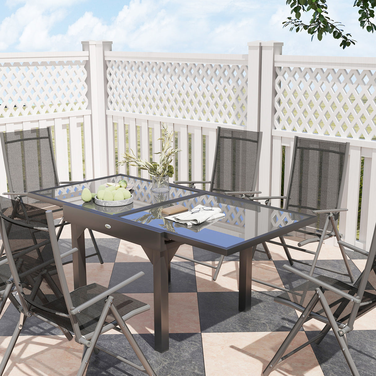 Steel 6 Seater Garden Dining Set With 180cm Wide Plastic Wood Effect Top Table - Velmora