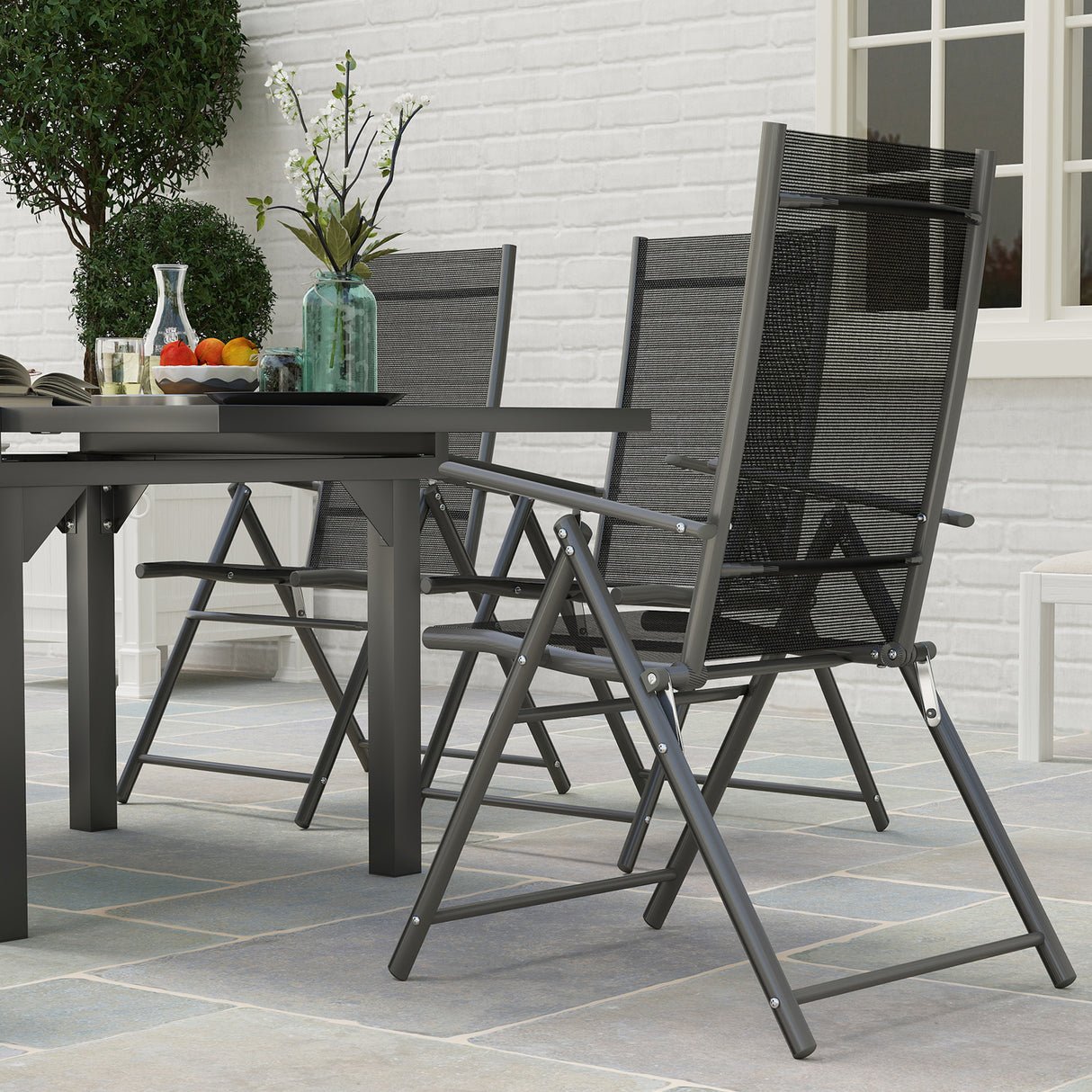 Steel 6 Seater Garden Dining Set With 180cm Wide Plastic Wood Effect Top Table - Velmora